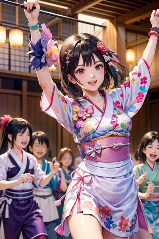 (Japan Bon Odori,最高masterpiece,Highest quality), Hot August,Bright vibrant anime art,People of all ages and genders dance and dance, Dancing in yukata,Laughing and dancing, Showing white teeth,Men and women dance in a circle, masterpiece,Highest quality,High resolution,