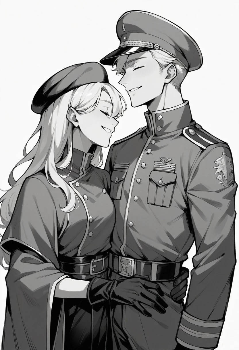 1boy, , male focus, short hair, white hair, monochrome, military, male focus, greyscale, hat, gloves, closed eyes, smile, waist-up, and 1 girl long hair. couple