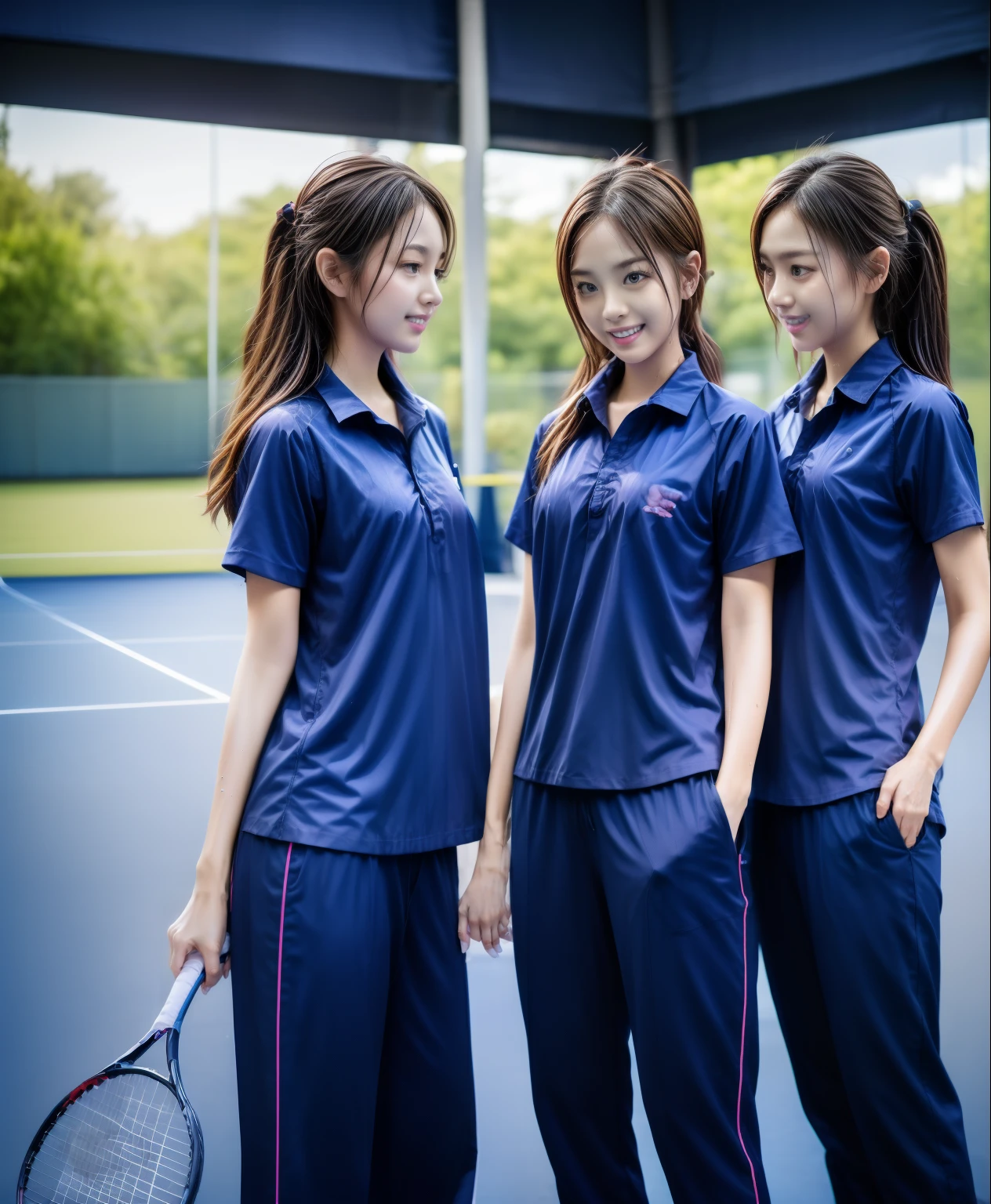 3 girls play tennis at tennis courts, Navy blue short-sleeved shirt,Navy Long Trackpant,Sweatpants, Sweatpantsขายาว,2 girl, lesbian, sexy, exercise clothes, wet body, exercise clothes