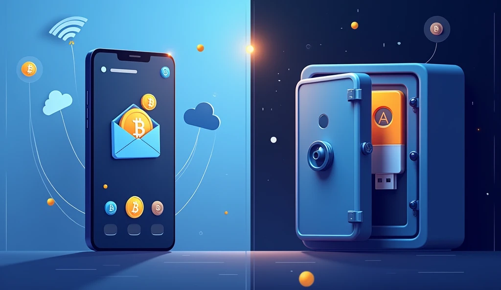 Design a split-screen image illustrating the contrast between a hot wallet and a cold wallet for cryptocurrency. On the left side, depict a hot wallet as a mobile phone with a cryptocurrency app open, showing quick, convenient access to digital assets. The background suggests connectivity with symbols like Wi-Fi and cloud networks. On the right side, show a cold wallet as a USB-like hardware device, stored securely in a locked safe, symbolizing offline storage. The background on this side is darker and more secure, emphasizing protection and isolation from online threats