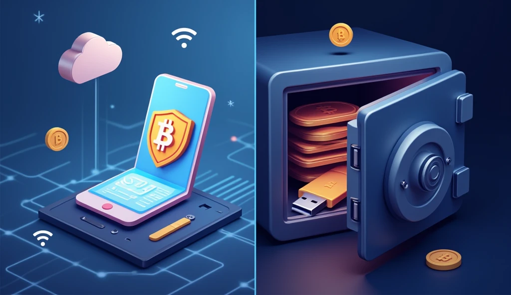 Design a split-screen image illustrating the contrast between a hot wallet and a cold wallet for cryptocurrency. On the left side, depict a hot wallet as a mobile phone with a cryptocurrency app open, showing quick, convenient access to digital assets. The background suggests connectivity with symbols like Wi-Fi and cloud networks. On the right side, show a cold wallet as a USB-like hardware device, stored securely in a locked safe, symbolizing offline storage. The background on this side is darker and more secure, emphasizing protection and isolation from online threats