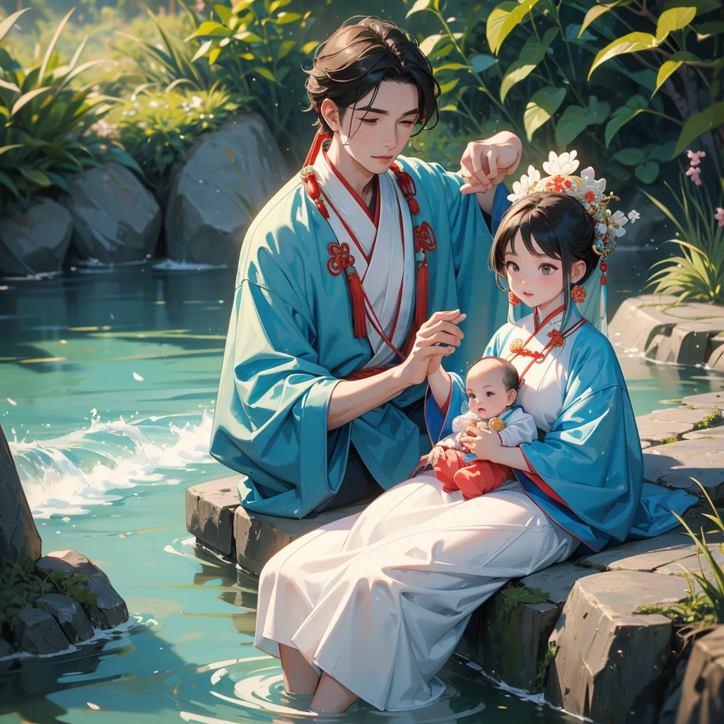 A one-year-old baby boy in an white ancient Chinese baby costume with his beautiful mother, dressed in an ancient Chinese costume, playing with each other, with his handsome father standing next to his mother, close up.
Sitting fishing next to a green stream, a blue river full of fish. flowing slowly