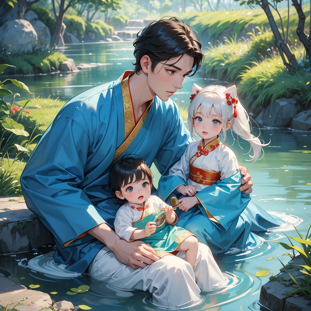 A one-year-old baby boy in an white ancient Chinese baby costume with his beautiful mother, dressed in an ancient Chinese costume, playing with each other, with his handsome father standing next to his mother, close up.

Sitting fishing next to a green stream, a blue river full of fish. flowing slowly