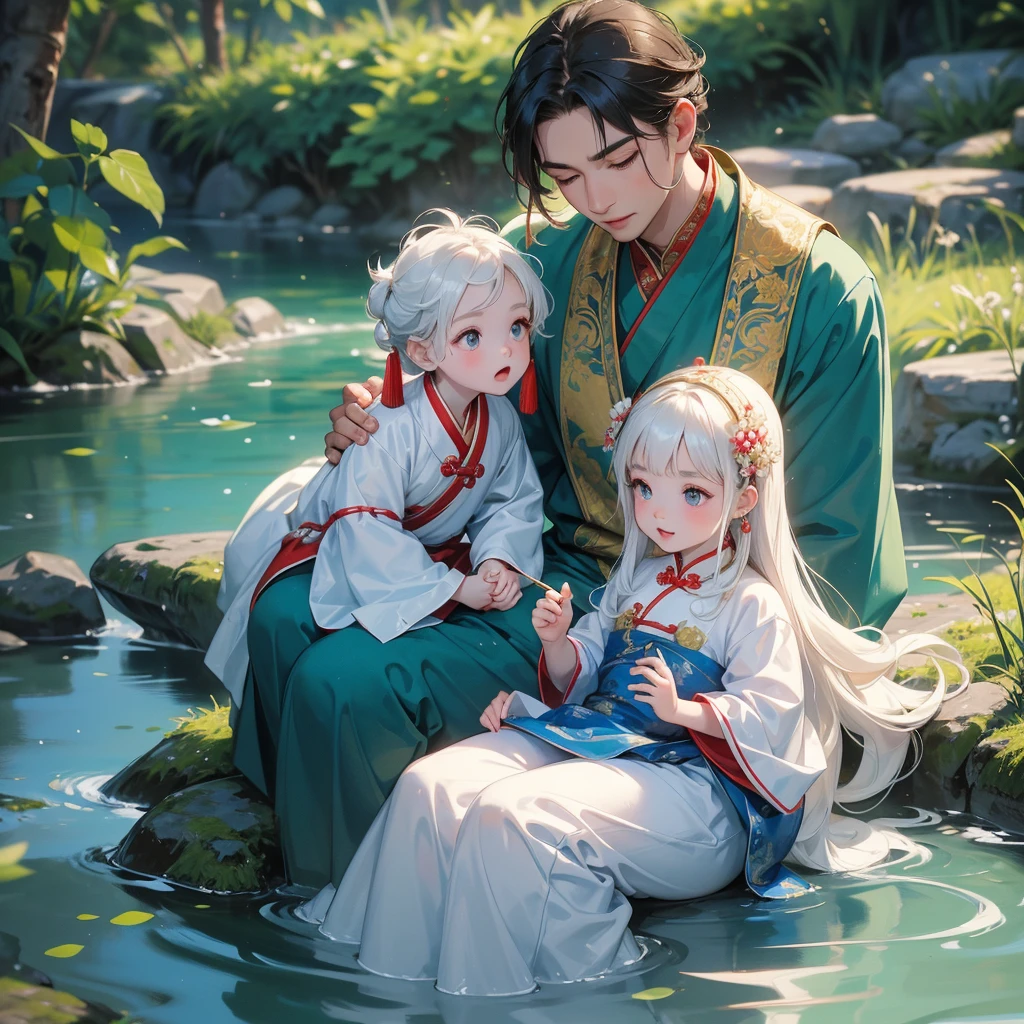 A one-year-old baby boy in an white ancient Chinese baby costume with his beautiful mother, dressed in an ancient Chinese costume, playing with each other, with his handsome father standing next to his mother, close up.
Sitting fishing next to a green stream, a blue river full of fish. flowing slowly