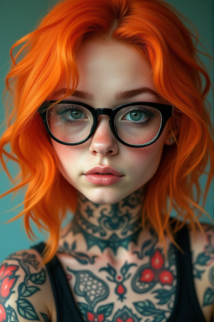 a young girl with orange hair and tattoos, with glasses on his face*
