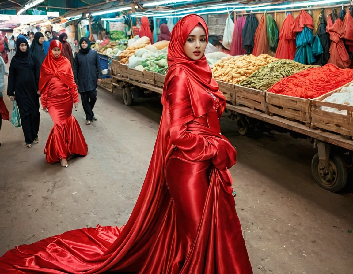 A woman shrouded in a 4-meter-long, plush red satin cloth, tightly bound and grandly draping along the form of her body, flowing off into a pooled floor-length train, styled in a mermaid-inspired outfit, her head modestly veiled in a satin hijab, tall woman, walking in market, a full-body pose posing in front of people, captured in a 4k resolution, ultra-realistic