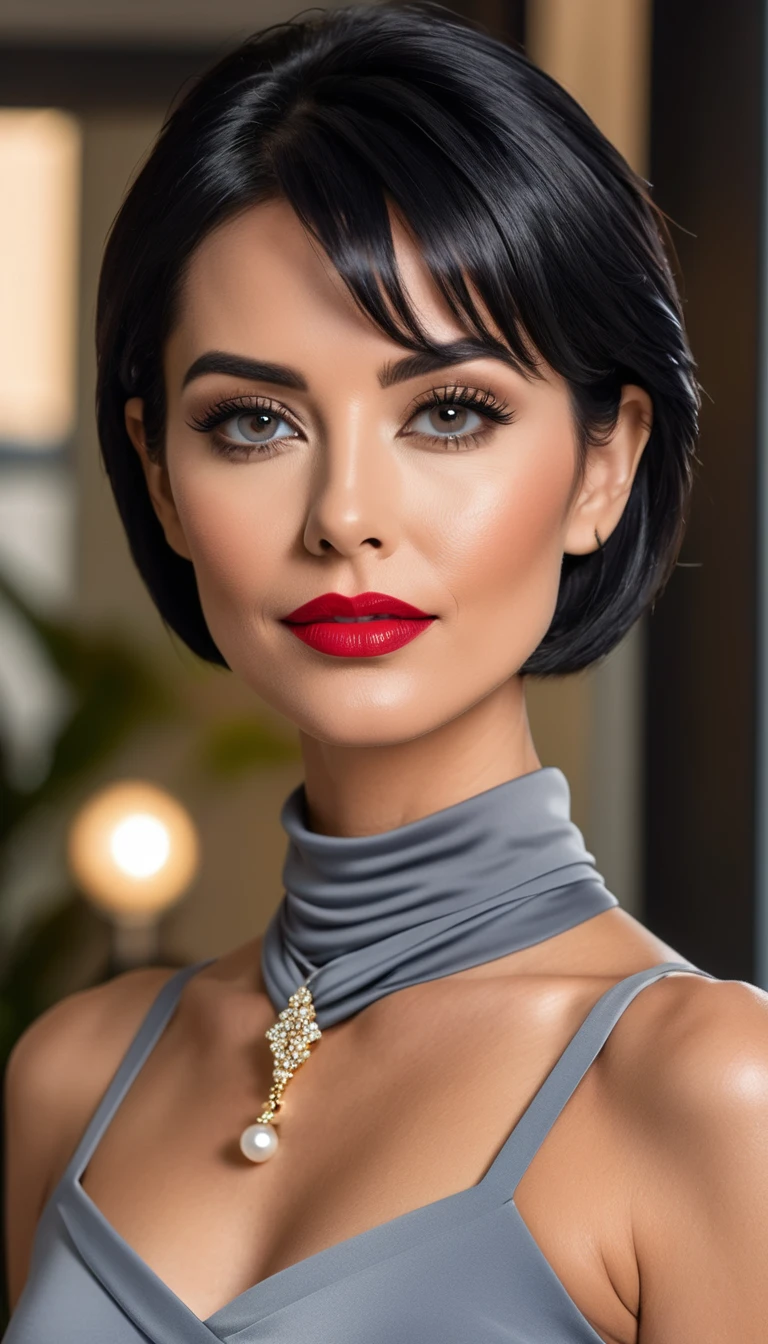 Beautiful woman with short straight black hair with black eyes wearing a Grey Gym Tight Leggings, a Blue Sexy Criss Cross Mock Neck Mid Sleeves Blouse, luxurious jewelry, 18k gold wedding ring on left hand, standing in an office room at sunset wearing a luxurious pearl necklace (light red lipstick),(elegant mascara),(muscular body with abs),(mid breasts) midjourney, <lora:GoodHands-, <lora:GoodLegs-, UHD, high resolution, (masterpiece:1.1, best quality), (expressive eyes, perfect face, full body, expressive face, perfect body, athletic, fit, slim body, blushing, Perfect makeup, eyeliner, beautiful eyelashes, smiling, horny face), ((best illumination, best shadows))