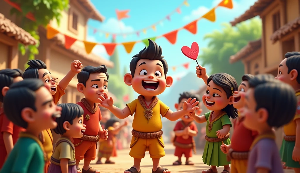 The villagers are admiring Rabi’s success and celebrating.cartoon model