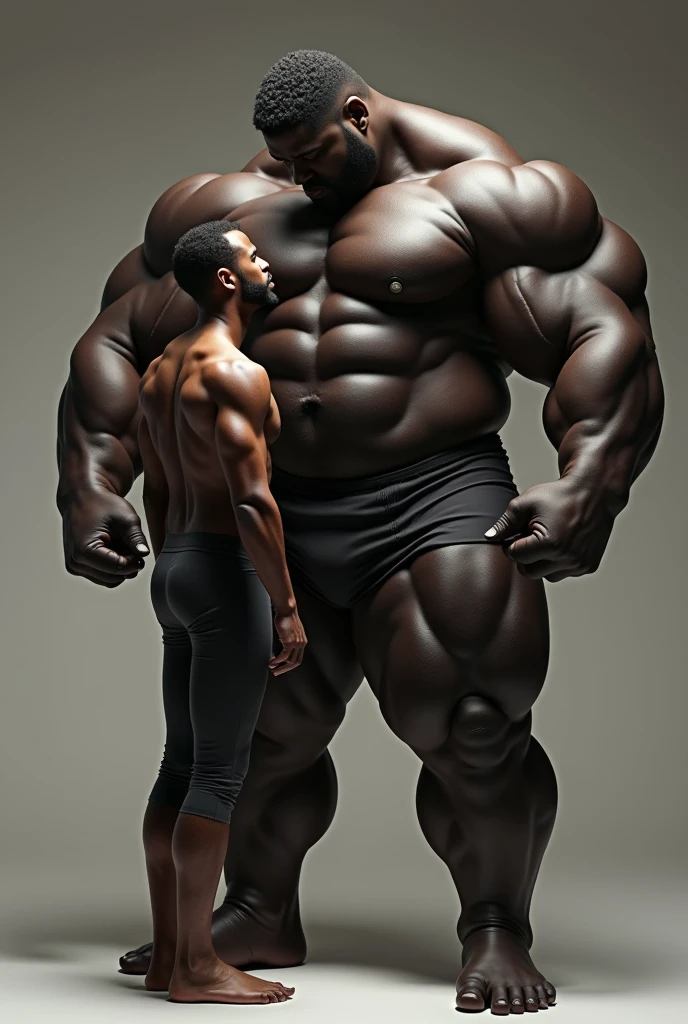 2 meters tall muscular aesthetic black man showing his biceps. And next to him a thin, short white man admiring his pectorals