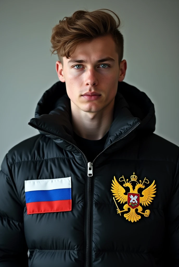 Take me a photo of a young 1 man with a black jacket on his chest the flag of Russia with its colors the coat of arms