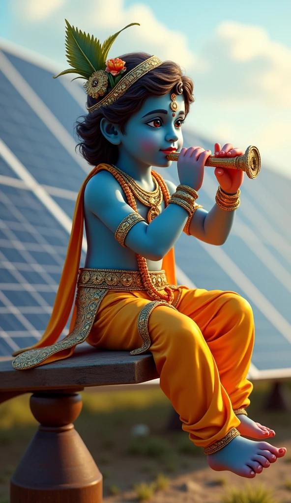 Lord Krishna, sitting on seesaw playing flute in background solar panels