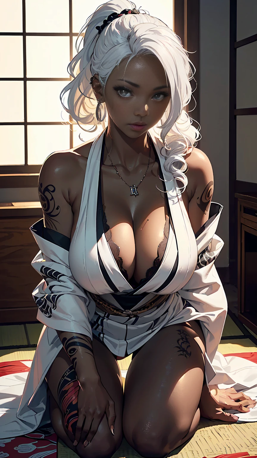 ((2))) black girl, (((very dark african skin))), (((close up pov full body portrait, sexy seductive slutty pose, ((accentuated super huge enormously gigantic nude , cleavage showing, wearing highly detailed and beautiful kimono))), (((very long wavy curly platinum white hair in a ponytail))), (((tattoo sleeves and piercings))), lots of african tribal tattoo sleeves, dark fantasy art, post apocalyptic art, Rich, Deep Colours, (intricate details:0.9), (HDR, hyper-detailing:1.2), (natural dark african skin textures, hyper realisitc, anime realistic, light, Sharp), luxurious Japanese bedroom background