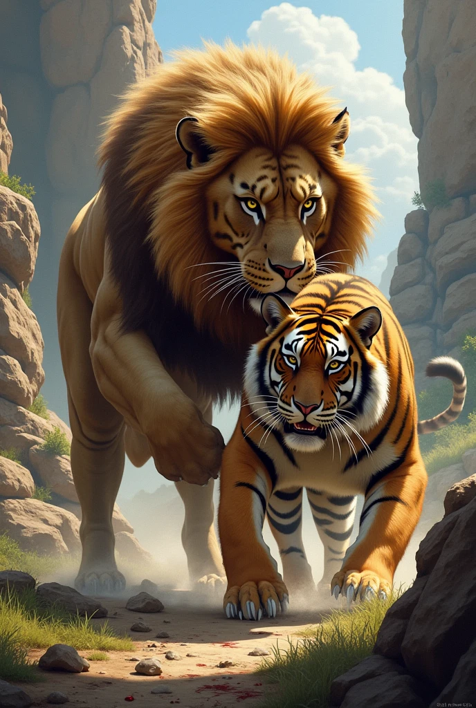 Lion hunts tiger died