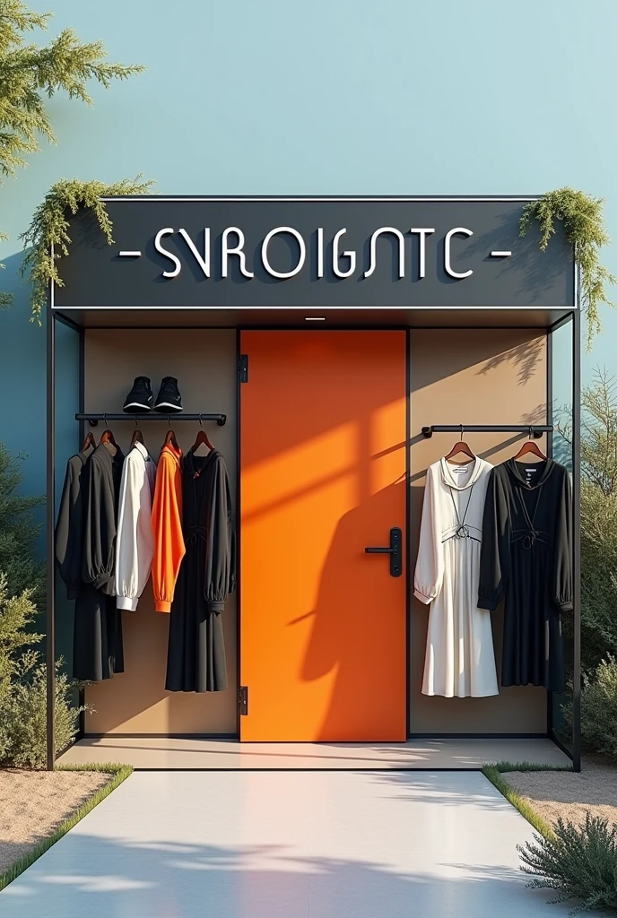 Clothing booth,Background with cool tones,Black and white and orange door banner,Integrating natural outdoor elements,Show Movement,explore,Dare to challenge the visual effects of 2,Art installations,Showcase the design,Three walls,There are horizontal bars on the wall,Can hang 1.8 meters of clothes,Hyper-realistic effect,3dmax rendering effect