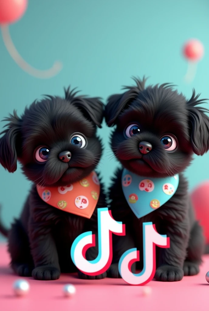 2 aforable black shih tzu puppies big blue eyes wearing TikTok bandanas posing next to the tiktok logo happy smiling playful 3D Pixar style