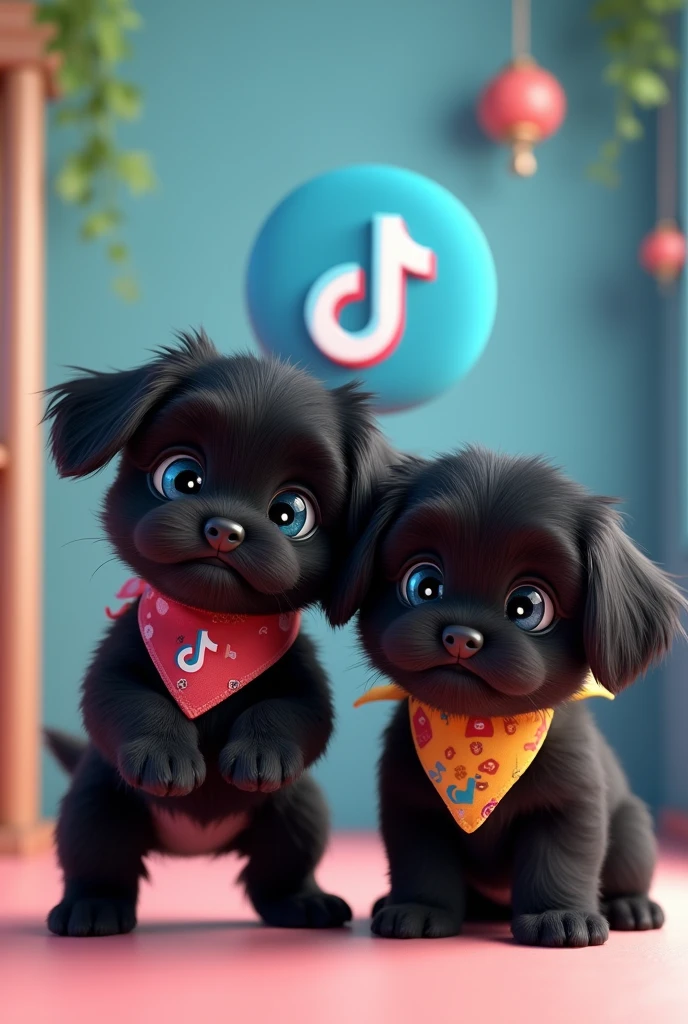 2 aforable black shih tzu puppies big blue eyes wearing TikTok bandanas posing next to the tiktok logo happy smiling playful 3D Pixar style