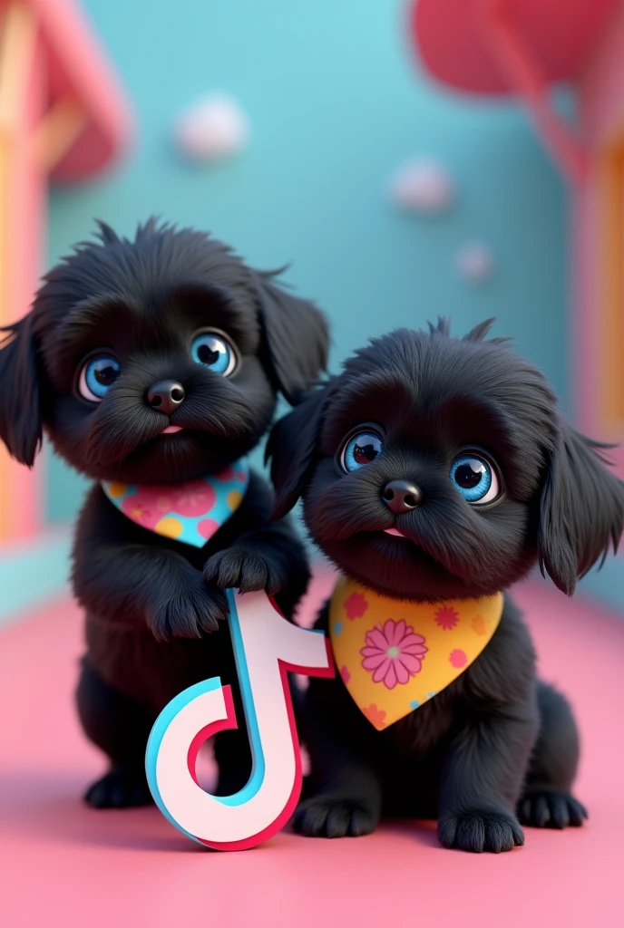 2 aforable black shih tzu puppies big blue eyes wearing TikTok bandanas posing next to the tiktok logo happy smiling playful 3D Pixar style