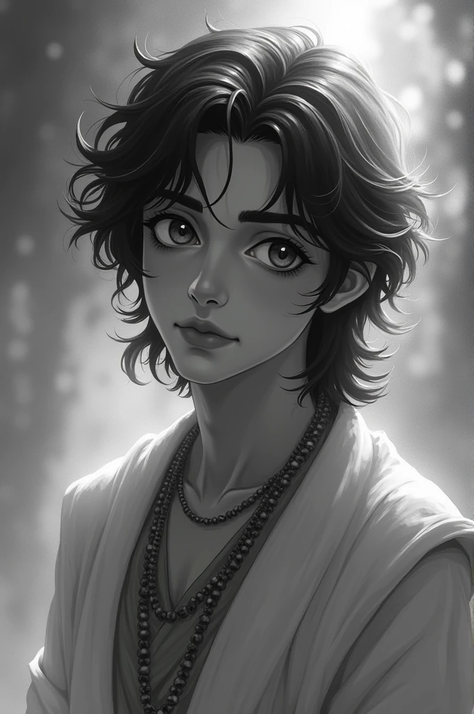 Generate a image if krishna of 21 year handsome anime black and white soft blur