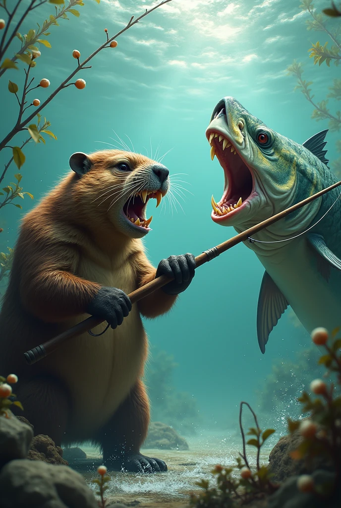 An angry beaver holding a fishing rod .. Barracuda fish