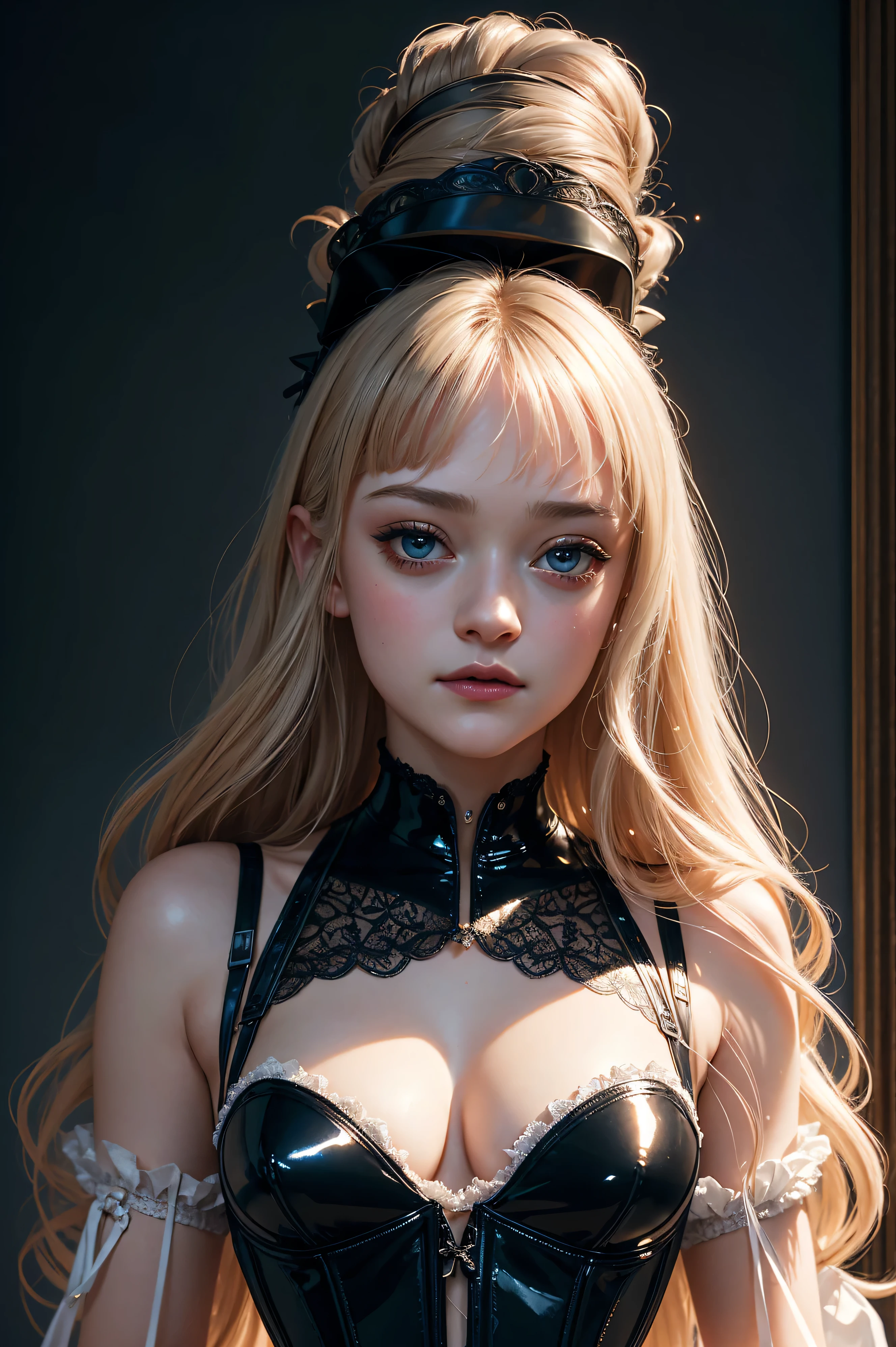 portrait Dakota Fanning, wearing sexy latex corset french maid outfit, against the sky, 3 0 3 0 s, wavy hair, intricate, elegant, highly detailed, digital painting, artstation, concept art, smooth, sharp focus, illustration, art by thomas kindkade, charlie bowater, artgerm, greg rutkowski, alphonse mucha and alexandra fomina, 36k, glittering, shining