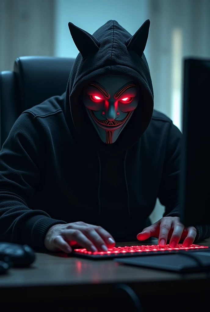 He is a stocky man in a black sweater sitting using his hacker computer wearing a V for Vendetta mask with red eyes with black pupils and cat ears.