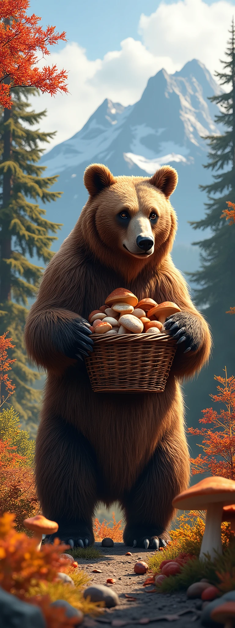 Realistic photo of a large brown bear gathering mushrooms and acorns in a basket in a forest in the autumn wilds, beautiful Alpine mountains in the distance, beautiful autumn leaves