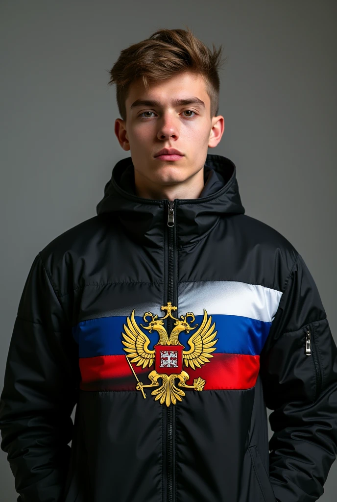 Take me a photo of a young 1 man with a black jacket on his chest the flag of Russia with its colors the coat of arms