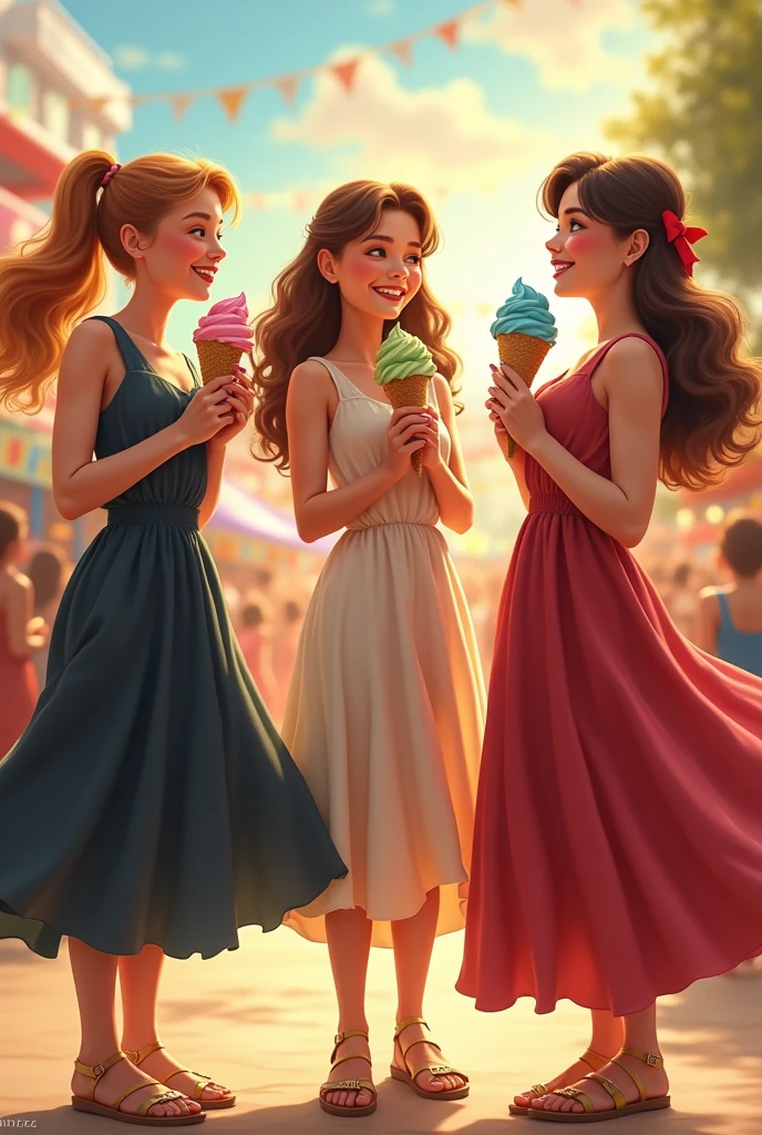 Three girls standing in front of an ice cream stand, the girls hold ice cream cones with colorful ice cream scoops in their hands, the girls have a radiant smile and laughter full of happiness, the girls wear dark very elegant summer dresses and golden sandals, the picture is very dynamic, it is a scene at a folk festival, the sun shines bright and golden from a cloudless sky