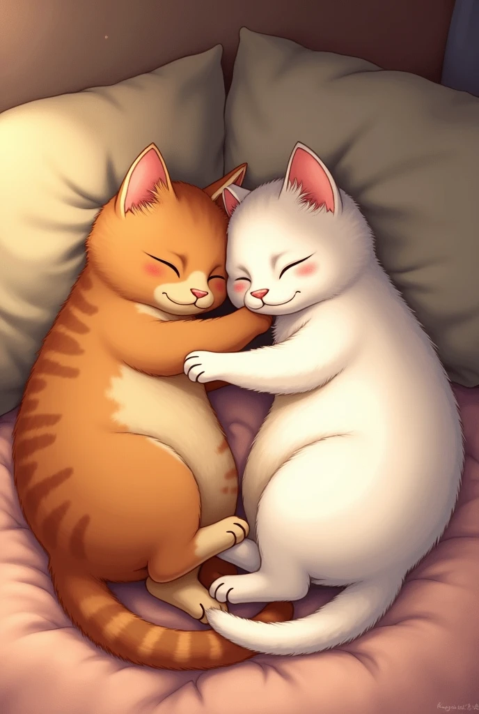 Moti brown cat band Sona white cat Moti and Sona Napping Together: The two cats curled up next to each other in a comfortable corner, peacefully napping, showing their close bond