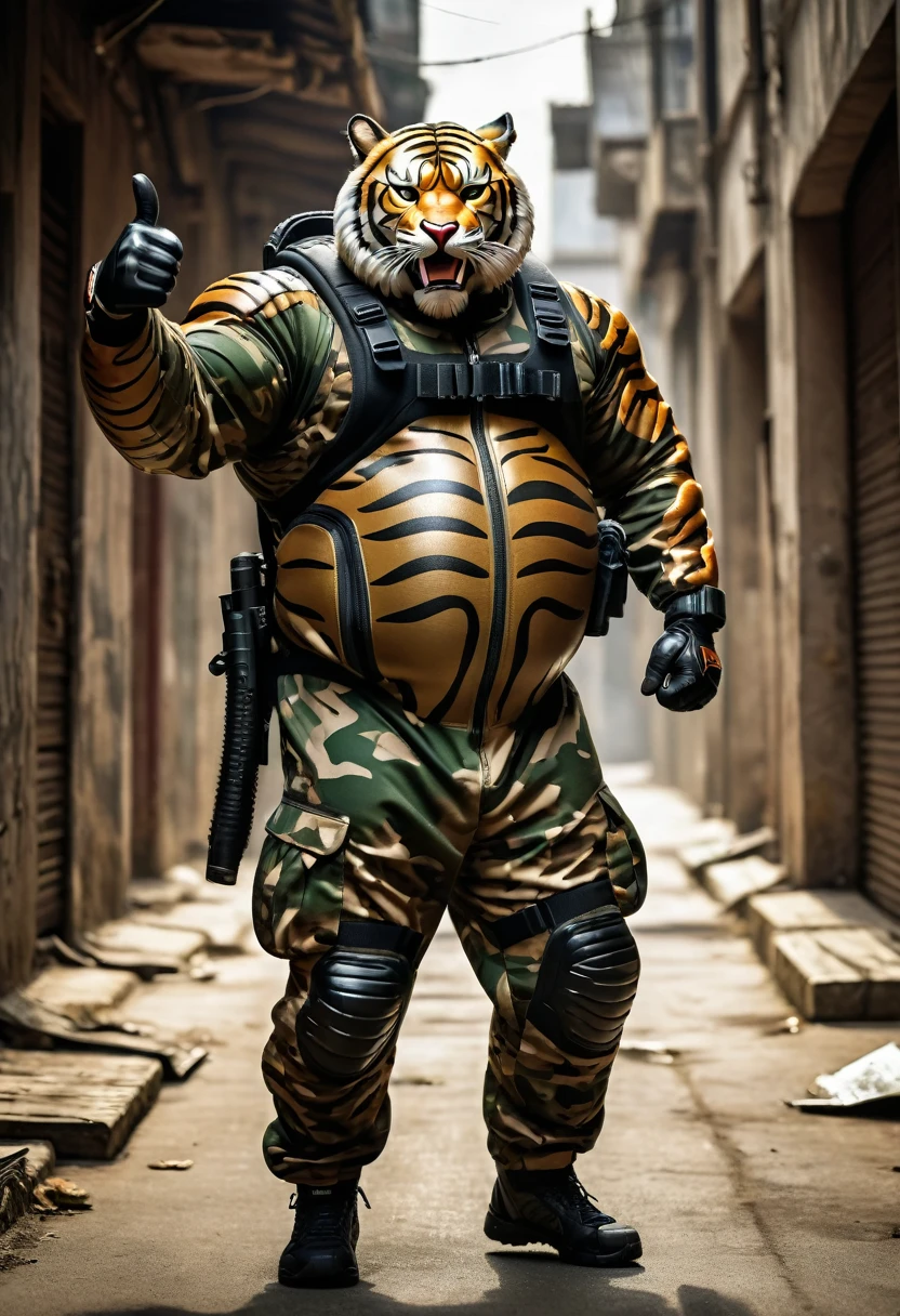 (a dark-skinned fat muscular old man in a bulky army camouflage zipper diver suit) thumbs up pose, carrying an AK-47, (wearing a small-sized realistic roaring tiger mask), dynamic action pose, fierce expression, roaring, showcasing an imposing stature, surrounded by military elements, dramatic shadows and intense highlights, cinematic color tones, high detail, powerful, art influenced by Bruce Onobrakpeya and Stanley Artgerm, ultra-detailed, best quality image, action-packed atmosphere.