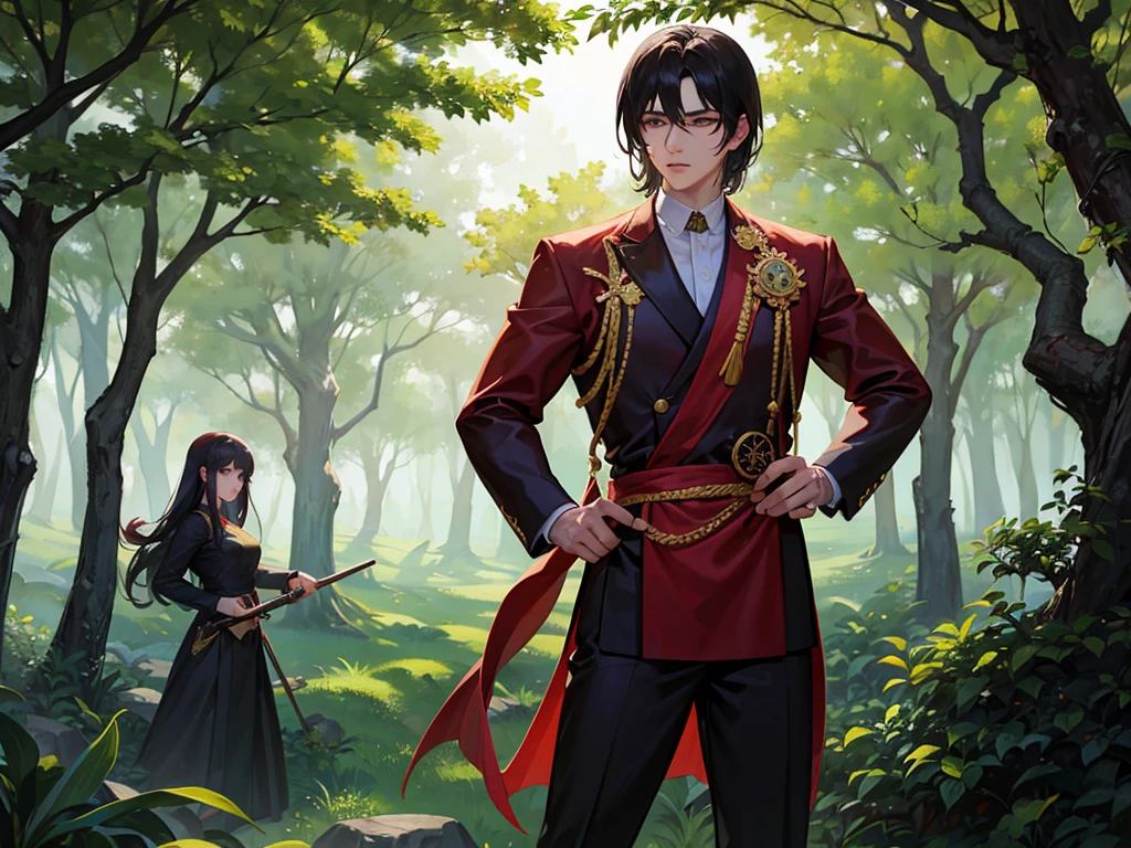 một chàng trai đang theo dõi hai lão già lớn tuổi, old style swordplay image, The setting is in the forest.