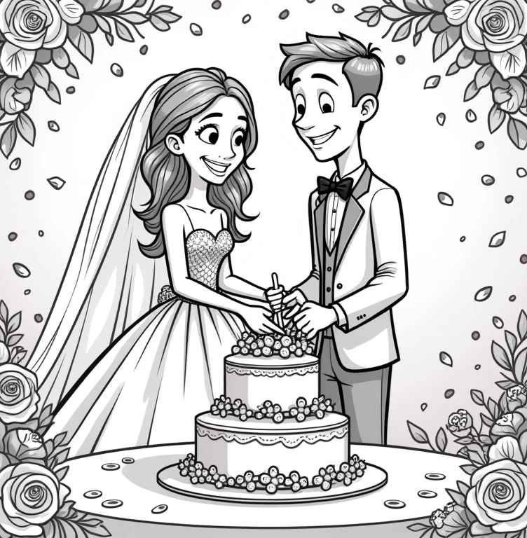 A line art for a children's coloring book with a Pixar-style wedding theme of the bride and groom cutting the wedding cake