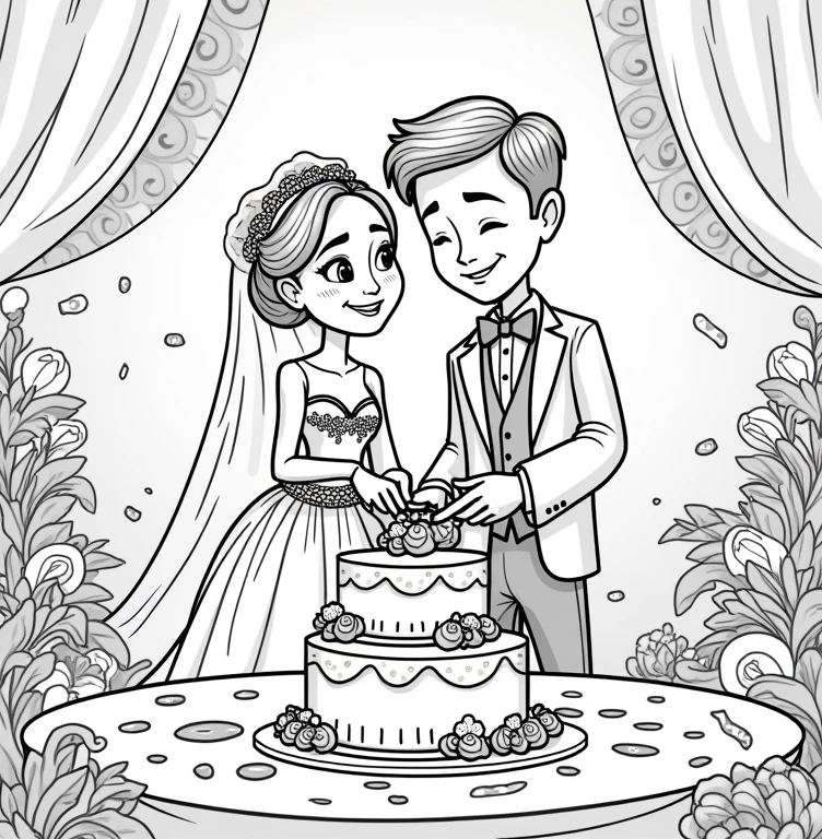 A line art for a children's coloring book with a Pixar-style wedding theme of the bride and groom cutting the wedding cake