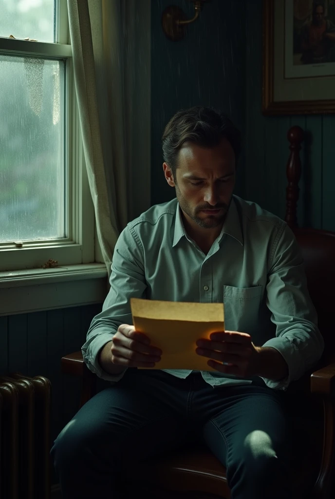 Create an epic and atmospheric scene featuring a man sitting in the corner of an old, dimly lit room, holding a faded, worn envelope or letter. The man should appear deeply contemplative and emotional as he studies the letter. The room is filled with vintage furnishings and soft, dramatic lighting that highlights the intensity of the moment. Rain should be visible through a window, adding to the overall mood of nostalgia and melancholy."