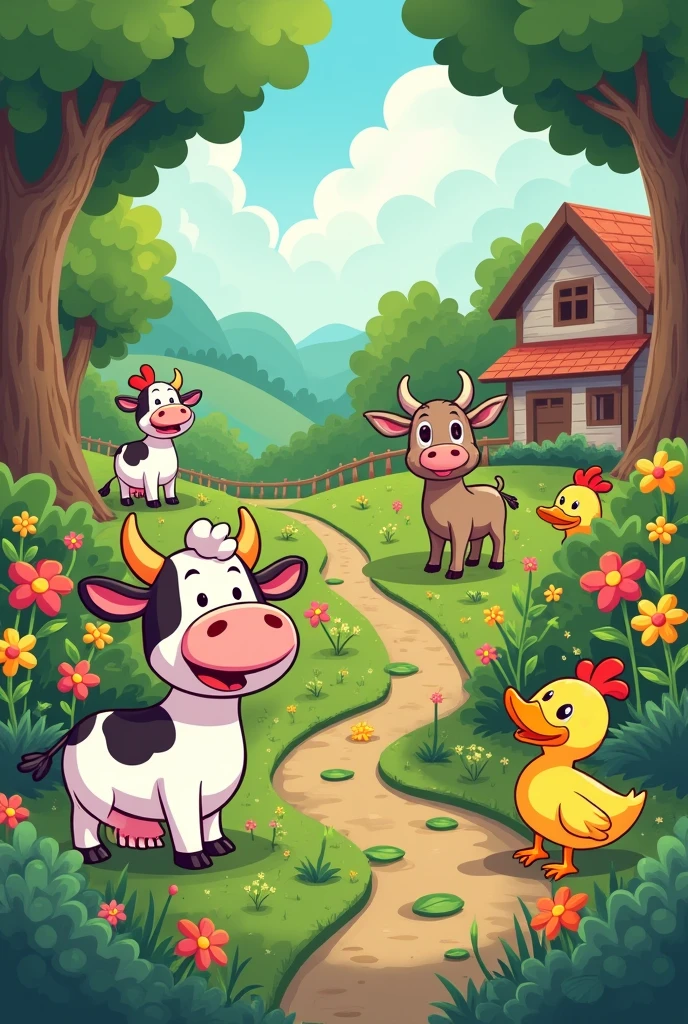 Cartoon Garden , there are cows , chicken , kambing , duck 