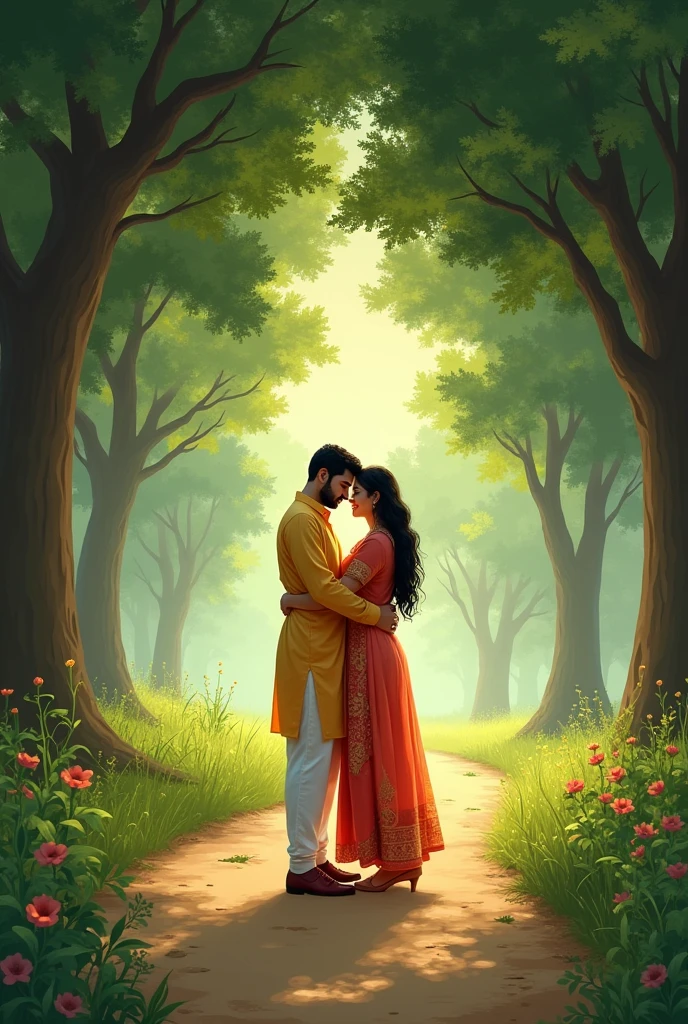 a path .green trees two side. two bengali hugging romantically
