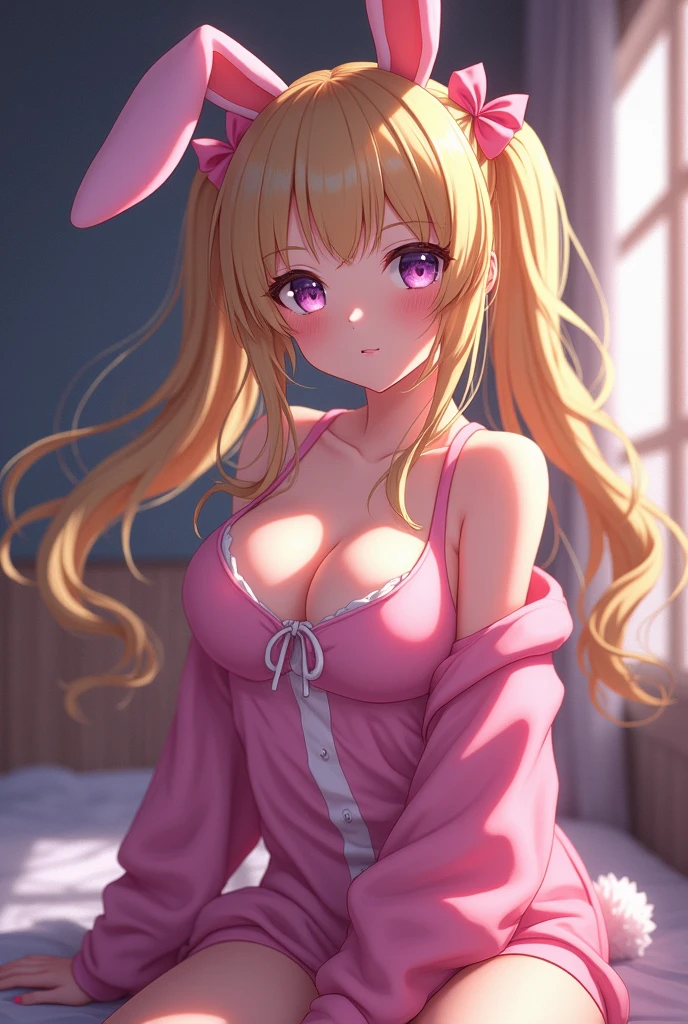a beautiful anime girl, long blonde hair in twin tails, dark purple eyes, huge breasts, wearing a pink bunny suit, hyper detailed, intricate, highly detailed, 8k, photorealistic, masterpiece, digital art, realistic, sharp focus, vibrant colors, soft lighting, dramatic lighting, dynamic pose