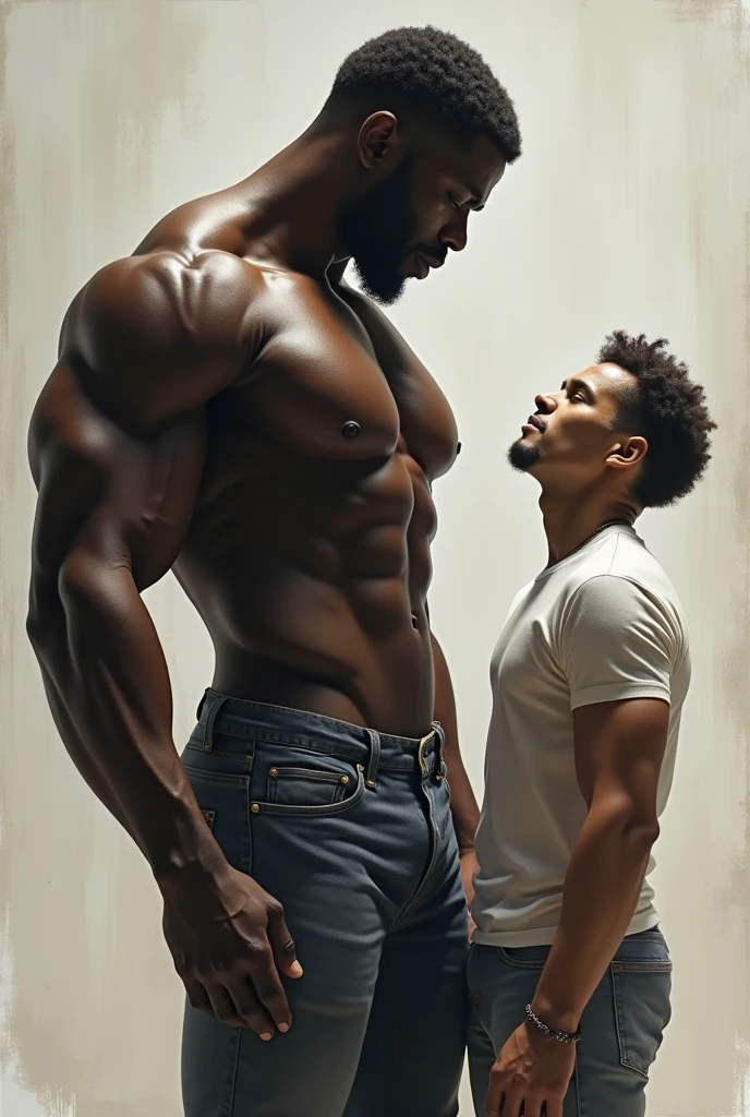 2 meters tall muscular aesthetic black man showing his biceps. And next to him a short, thin white man admiring his pectorals