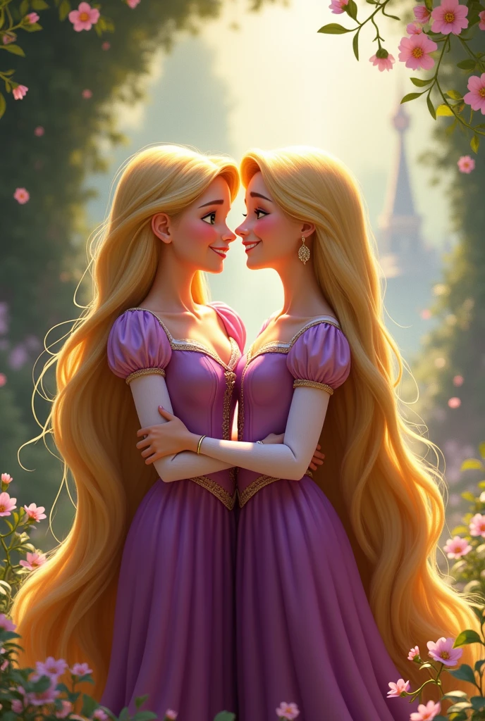 21 years Disney Princess Rupanzle with her 20 year sister ,  smiling 
