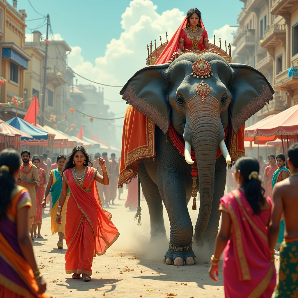 When the princess turned eighteen she went to a fair , The maid is taking the princess to the fair in a palanquin. Rajkumari mele me jaa rhi hai , Then a mad elephant creates chaos there and kills many people. Elephant very angry , Many people try to catch that mad elephant with a rope.