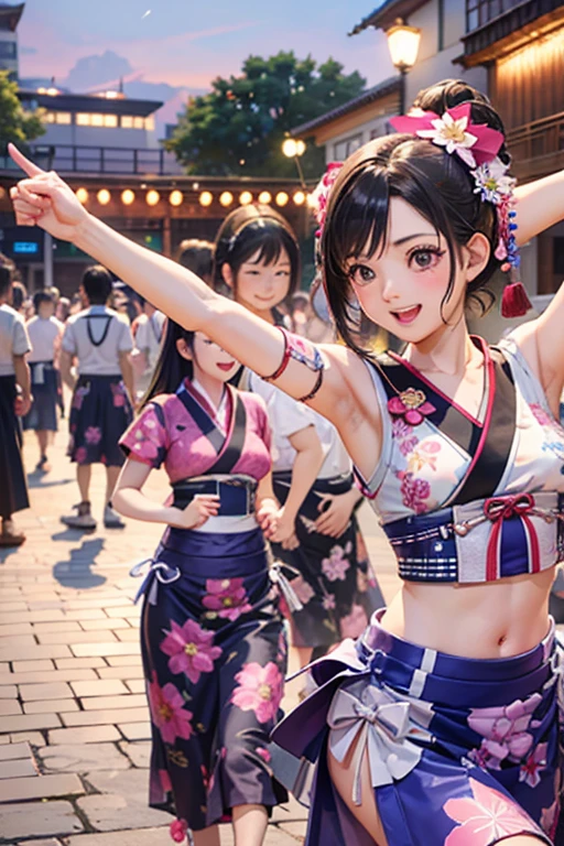 (Japan Bon Odori,最高masterpiece,Highest quality), Hot August,Bright vibrant anime art,People of all ages and genders dance and dance, Dancing in yukata,Laughing and dancing, Showing white teeth,Men and women dance in a circle, masterpiece,Highest quality,High resolution,