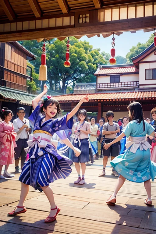 (Japan Bon Odori,最高masterpiece,Highest quality), Hot August,Bright vibrant anime art,People of all ages and genders dance and dance, Dancing in yukata,Laughing and dancing, Showing white teeth,Men and women dance in a circle, masterpiece,Highest quality,High resolution,