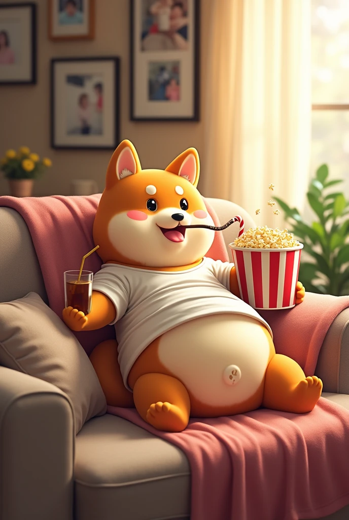 "In a room full of joy and warmth,An anthropomorphic Shiba Inu is sitting comfortably on the sofa,Enjoy a leisurely time。Its fur is golden,The hair is soft and fluffy,The eyes are shining,Revealing a sense of playfulness and cleverness。Shiba Inu wearing a baggy T-shirt,The hem of the dress is gently lifted,Revealing a round belly,Looks cute and。
It holds a large glass of iced cola in one paw.,Put the straw gently in your mouth,Take a sip every now and then,Make a happy purring sound。The other paw holds a large bucket of popcorn,Put it into your mouth neatly,Popcorns disappear in its mouth.,Occasionally, a few will playfully fall onto its belly.,But it doesn't care at all,Still eating with relish。
The surrounding environment is full of the warmth of home,The background is a warm and comfortable living room,There are some warm photos hanging on the wall,There are several soft cushions scattered on the sofa。The sunlight outside the window shines through the gauze curtains onto the floor,Create a lazy afternoon atmosphere。The whole scene is filled with a relaxed and happy atmosphere,The cuteness of the Shiba Inu and the anthropomorphic details make people smile。”