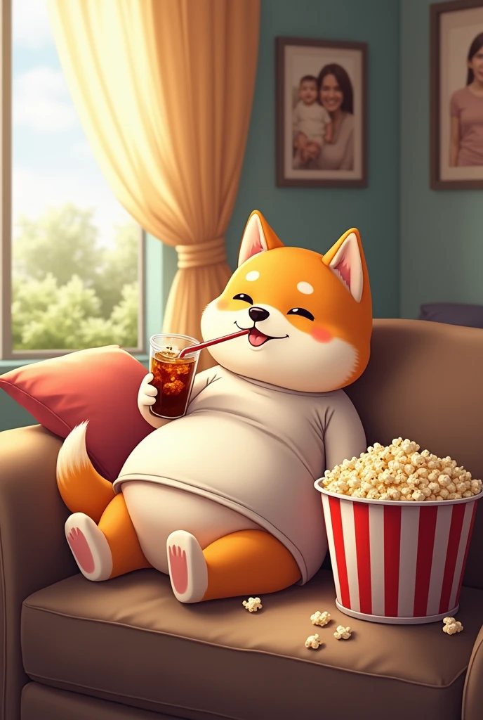 &quot;In a room full of joy and warmth，An anthropomorphic Shiba Inu is sitting comfortably on the sofa，Enjoy a leisurely time。Its fur is golden，The hair is soft and fluffy，The eyes are shining，Revealing a sense of playfulness and cleverness。Shiba Inu wearing a baggy T-shirt，The hem of the dress is gently lifted，Revealing a round belly，Looks cute and。

It holds a large glass of iced cola in one paw.，Put the straw gently in your mouth，Take a sip every now and then，Make a happy purring sound。The other paw holds a large bucket of popcorn，Put it into your mouth neatly，Popcorns disappear in its mouth.，Occasionally, a few will playfully fall onto its belly.，But it doesn&#39;t care at all，Still eating with relish。

The surrounding environment is full of the warmth of home，The background is a warm and comfortable living room，There are some warm photos hanging on the wall，There are several soft cushions scattered on the sofa。The sunlight outside the window shines through the gauze curtains onto the floor，Create a lazy afternoon atmosphere。The whole scene is filled with a relaxed and happy atmosphere，The cuteness of the Shiba Inu and the anthropomorphic details make people smile。”