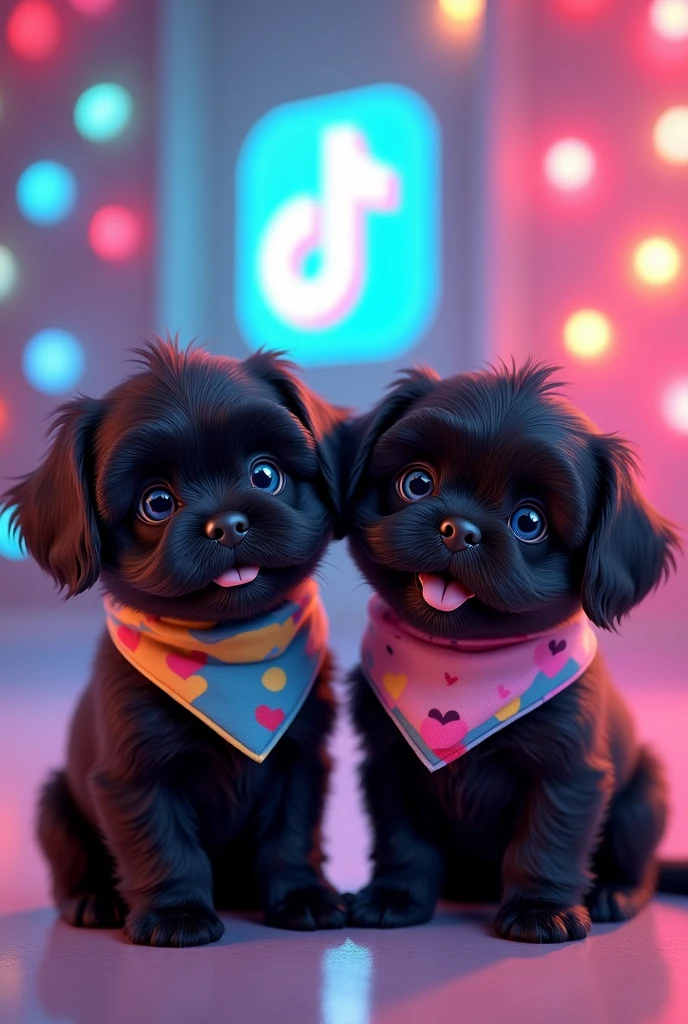 a 2 adorable black shih tzu puppies, big blue eyes, wearing TikTok bandanas, posing next to the TikTok logo, happy, smiling, playful, 3D, Pixar style, highly detailed, photorealistic, 8K, studio lighting, dynamic composition, vibrant colors, soft lighting, adorable, cute, whimsical, charming