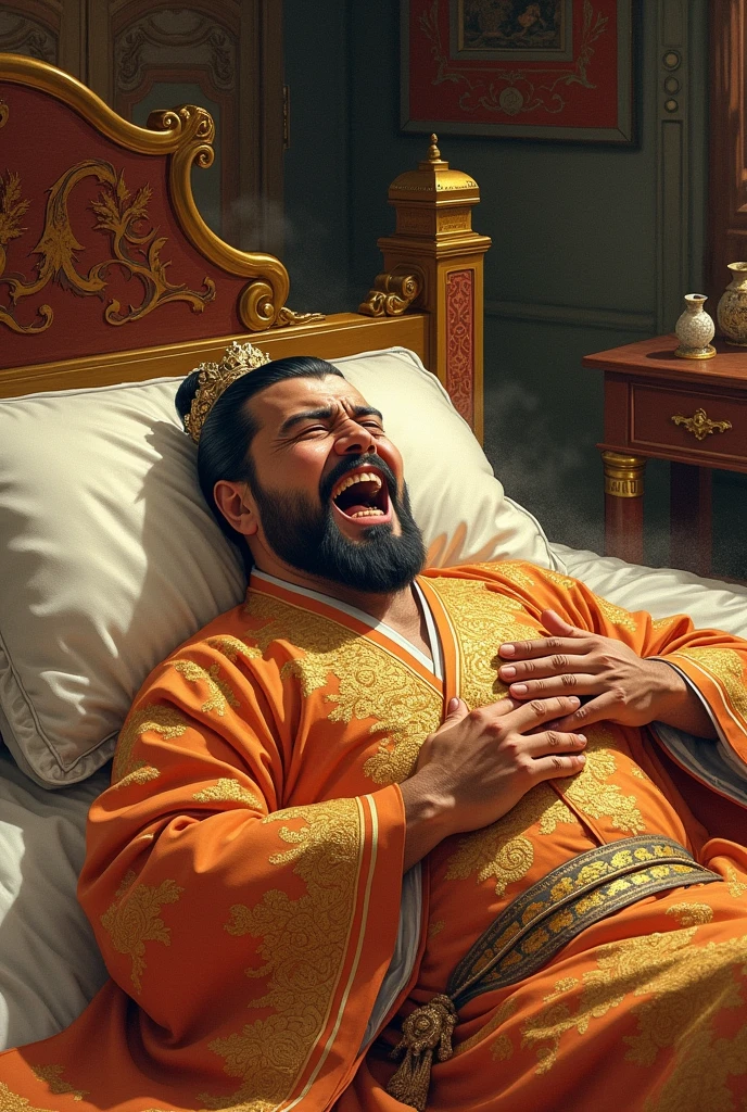 The emperor, with his golden dragon robe, laying in bed, painfully have a heart attack. He screaming. Chinese style