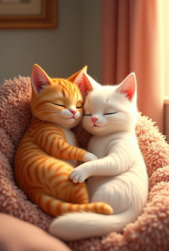 Moti brown cat band Sona white cat Moti and Sona Napping Together: The two cats curled up next to each other in a comfortable corner, peacefully napping, showing their close bond Pixar style 
