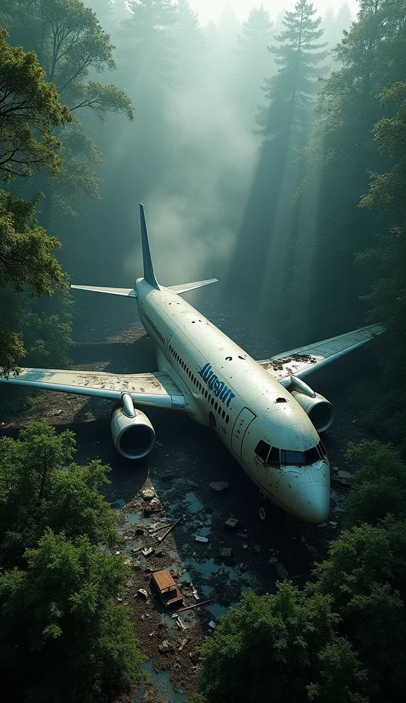 a crashed passenger plane in a dense forest, debris scattered, smoke billowing, aerial view, dramatic lighting, muted colors, realistic, photorealistic, 8k, ultra-detailed, hyper-realistic, cinematic composition, depth of field, dramatic atmosphere, gritty, moody, somber, gripping, haunting