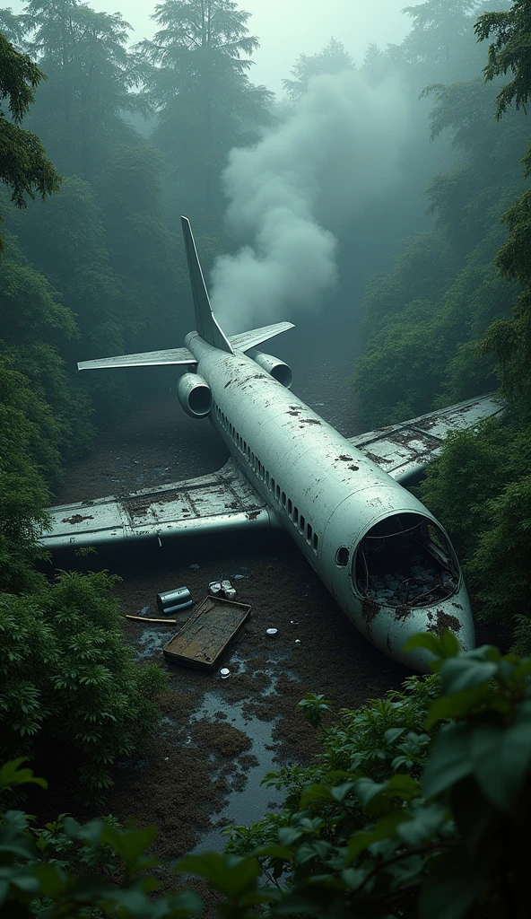 a crashed passenger plane in a dense forest, debris scattered, smoke billowing, aerial view, dramatic lighting, muted colors, realistic, photorealistic, 8k, ultra-detailed, hyper-realistic, cinematic composition, depth of field, dramatic atmosphere, gritty, moody, somber, gripping, haunting