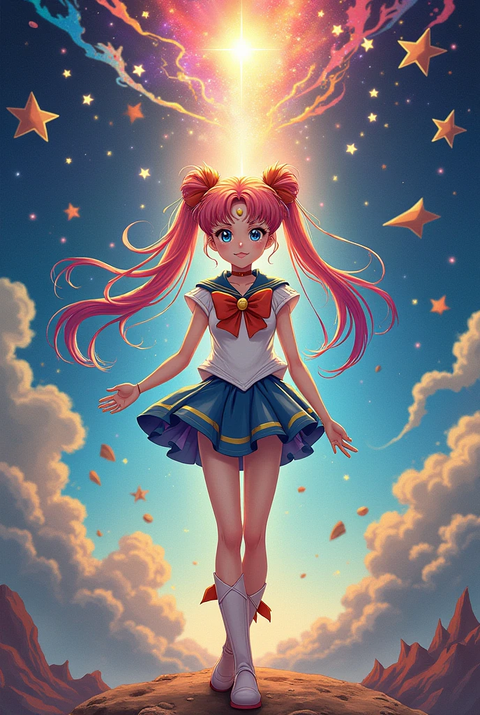 Sai Noi Wedmon, a girl with a rainbow hair and a Sailor Moon outfit, uses the power of the odd universe. The stars hold the stars and have friends.
